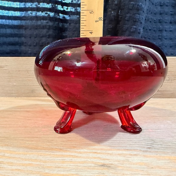 Vintage Ruby Red Glass Rose Bowl Tripod Footed Round Vase Mid Century Modern - Picture 4 of 6